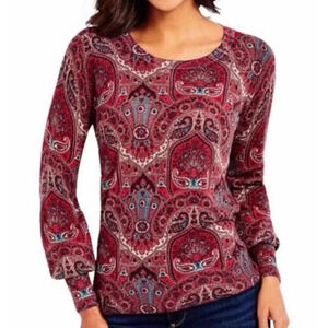 Talbots Sweater 100% Merino Wool Top Womens Medium Red Burgundy Paisley Keyhole